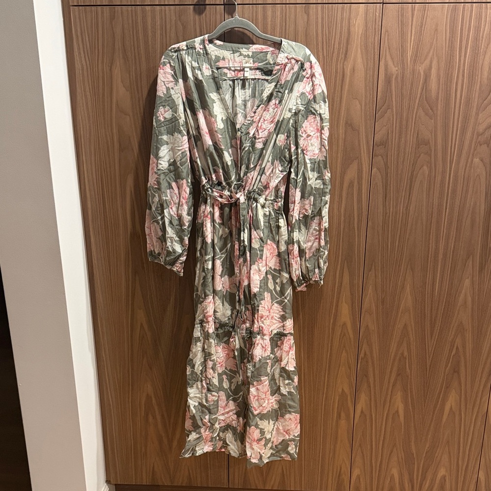 Rebecca Taylor Sage Floral Wrap Maxi Dress with Blush Blooms